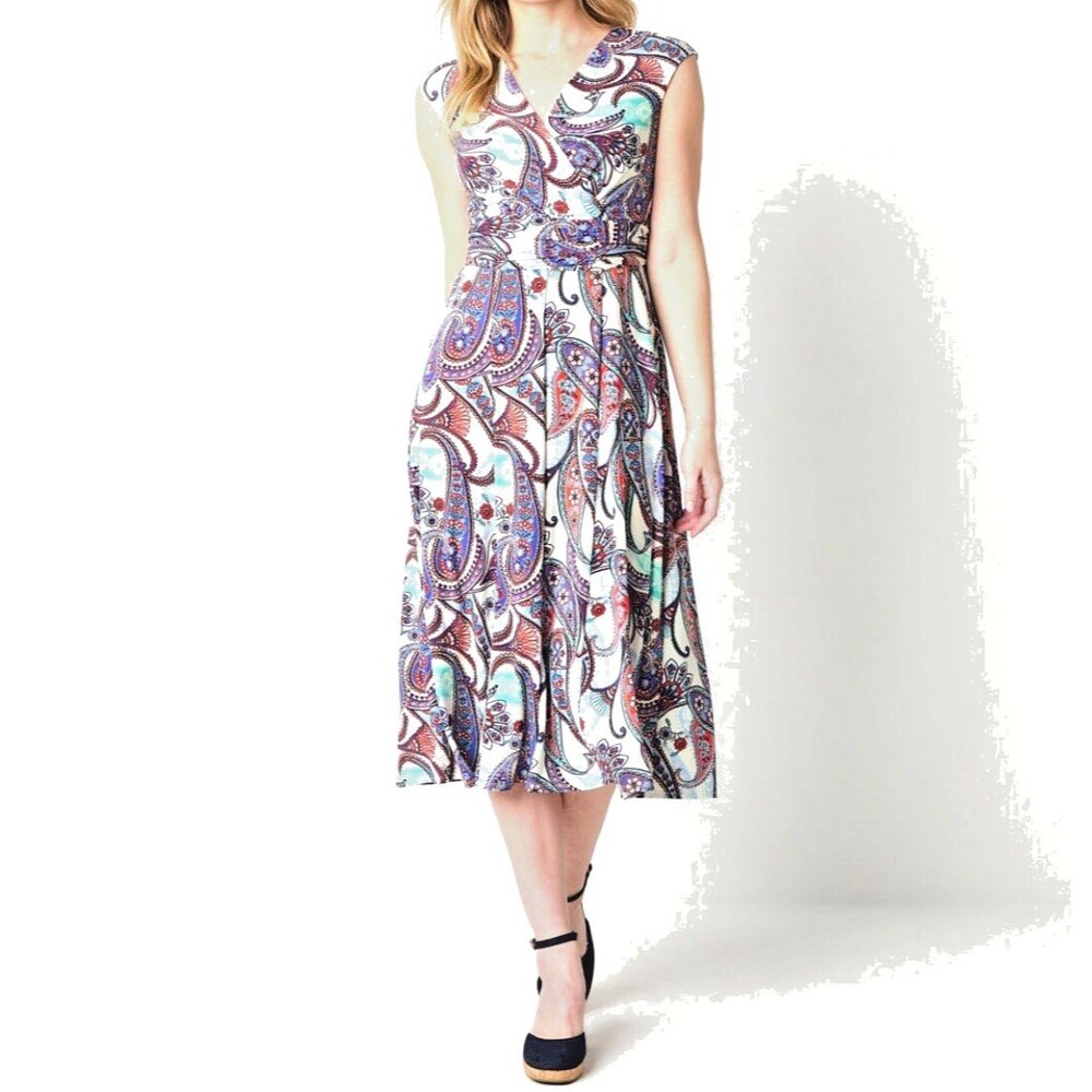 Perceptions Blue Red Paisley Dress Womens SZ LG Fit & Flare V Neck Sleeveless